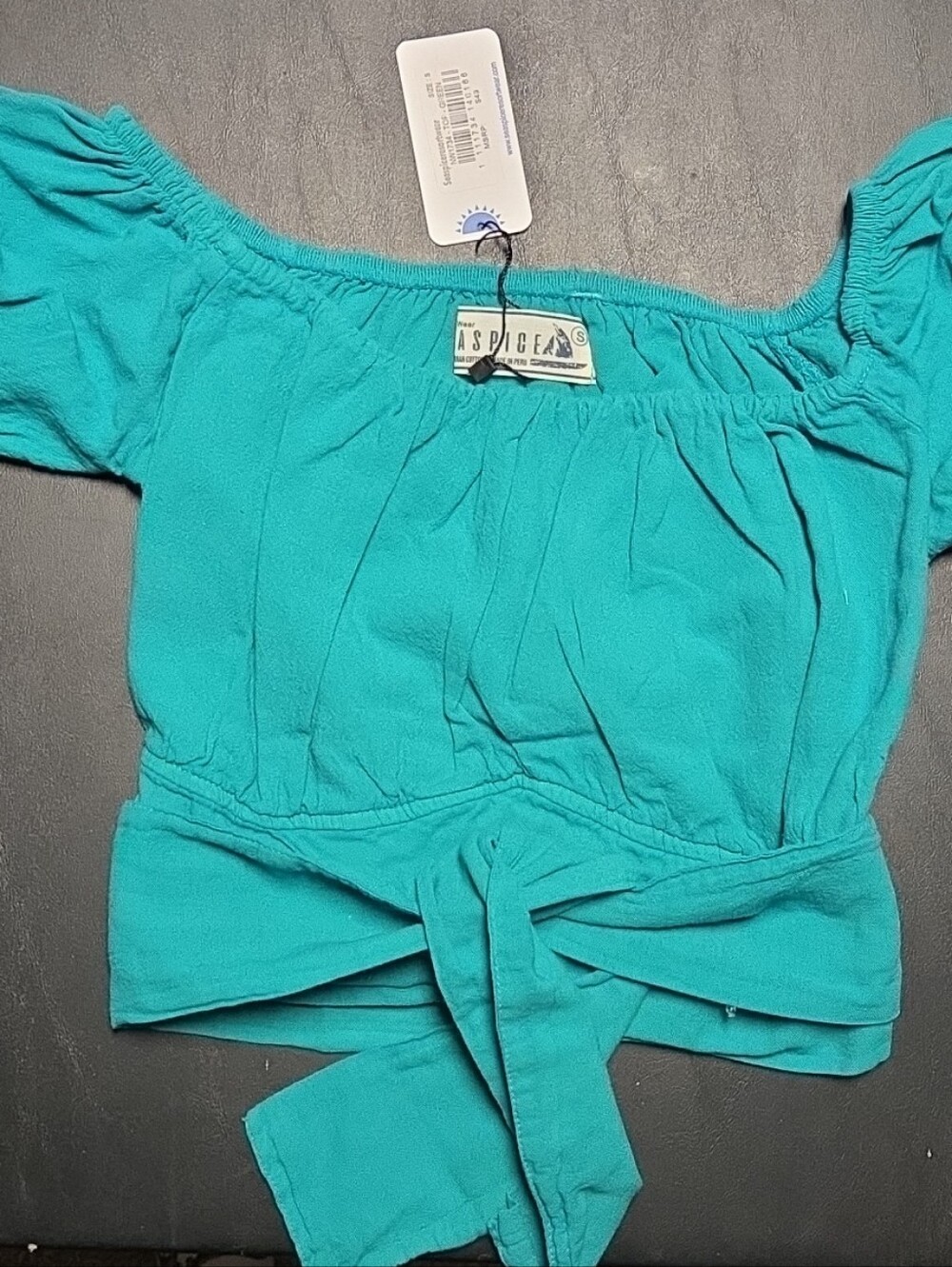 Teal Off-Shoulder Tie-Front Crop Top